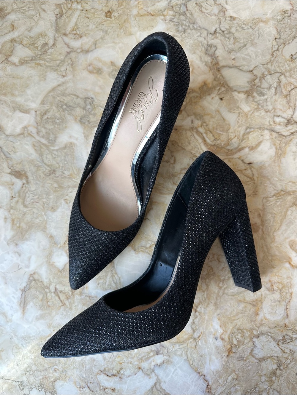 NEW Jewel Badgley Mischka Block Heel Black Pumps Size 7.5 Rumor Pointed Toe